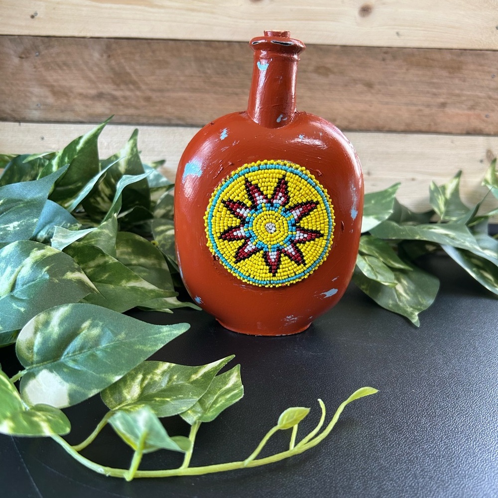 Upcycled‎ Native American Glass Beaded Jar Corked Distressed Shelf Sitter Decor